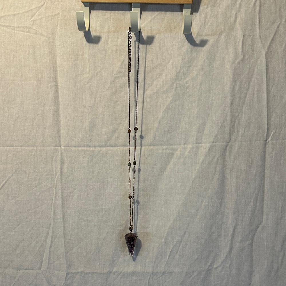 Long Silver Necklace with Purple Pendant